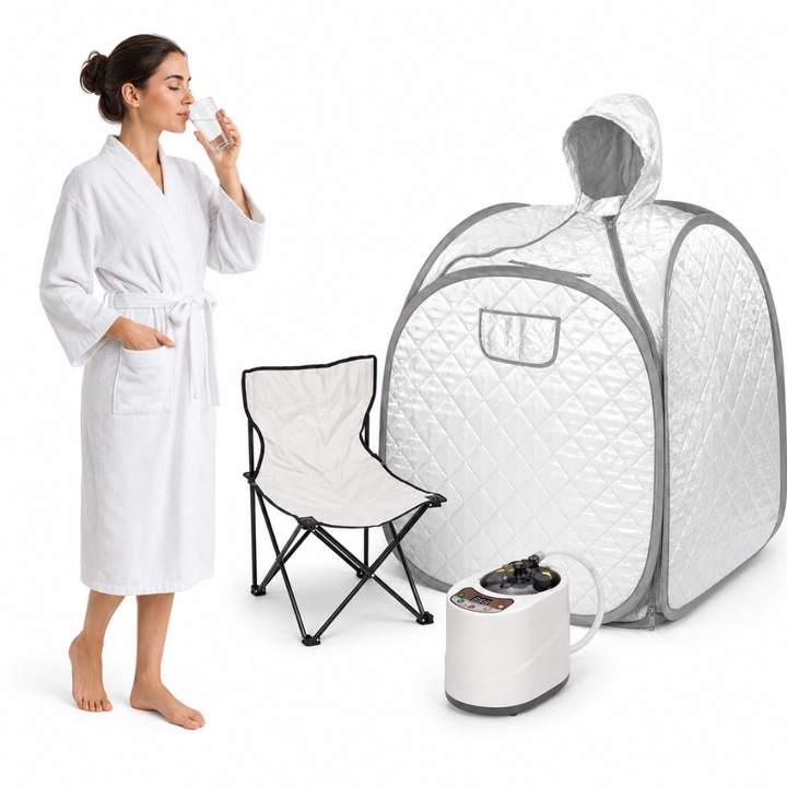 Sauna Portabila, SteamAura Pro, Sistem Pop-Up Inovator pentru Relaxare Acasa, Generator de Aburi 2L cu Afisaj Digital, Temperatura Reglabila, Include Telecomanda si Scaun Pliant Rezistent la Umiditate, 106x85x85 cm, Gri