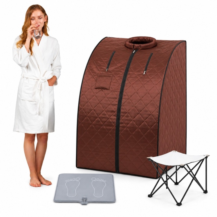 Sauna Portabila cu Infrarosu, FONIX Thermal-Relief Pro, Tehnologie FIR, Acoperire Termica Completa, 3 Panouri de Incalzire din Carbon, Control Digital al Temperaturii, Pliabila si Portabila, Include Scaun Robust si Covoras Incalzit pentru Picioare, Maro