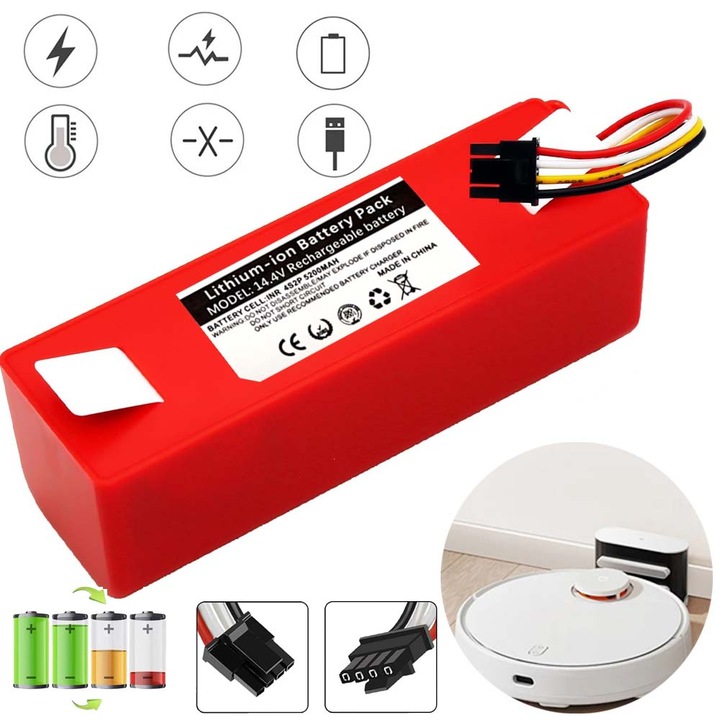 Porszívó akkumulátor, 14.4V, 6500mAh, A védelmi funkciók közé tartozik a túltöltés, túlkisülés, túláram és rövidzárlat elleni védelem, kompatibilis a Xiaomi Robot Aspirator S50 S51 S55 modellekkel, Nagy teljesítményű csere tartozék