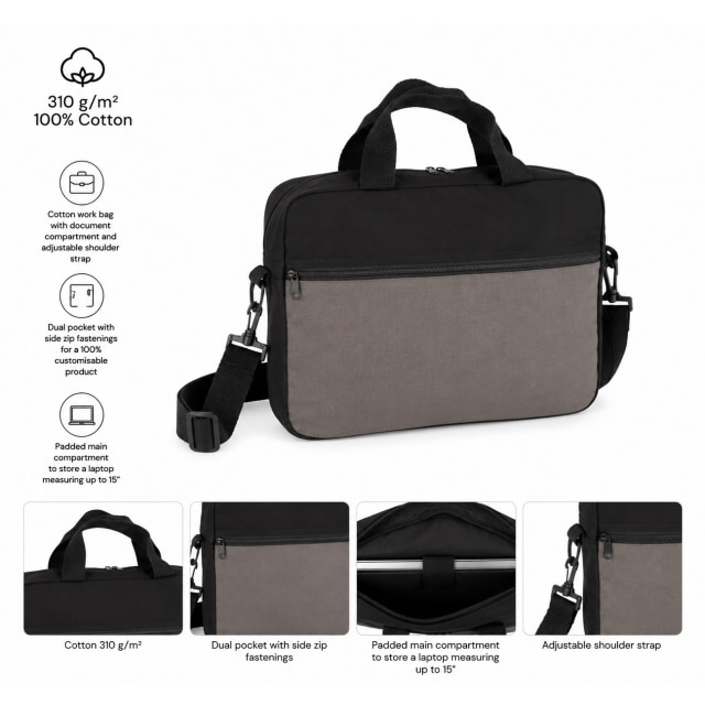 Geanta Business din bumbac 100% pentru Laptop 15" si documente, Kimood KI0435, Light Titanium/Black, U