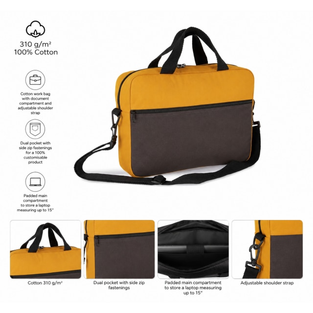 Geanta Business din bumbac 100% pentru Laptop 15" si documente, Kimood KI0435, Dark Grey/Curcuma, U