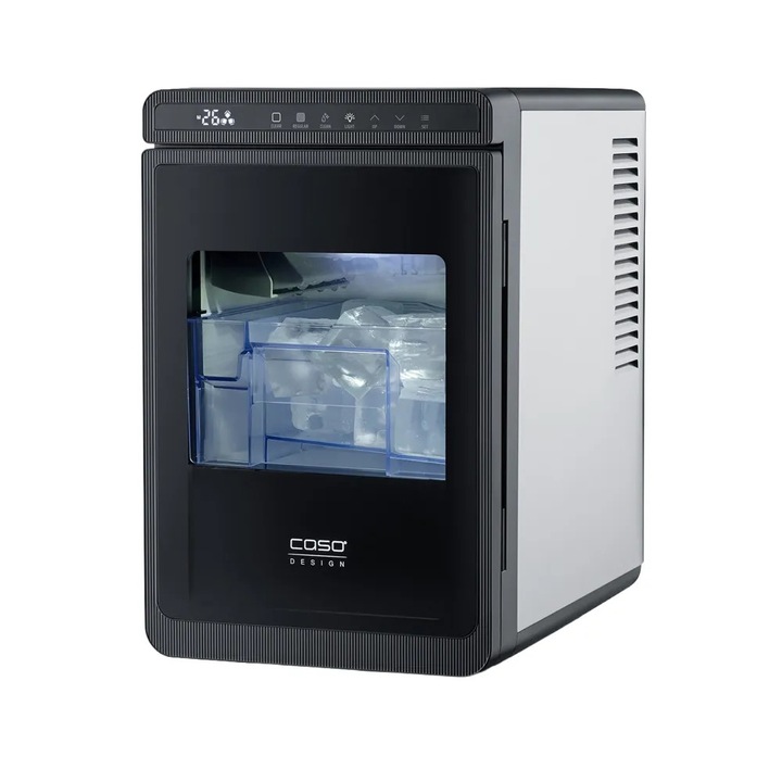 Masina de facut cuburi de gheata Caso Germany, IceCube Pro, ideal pentru whisky/gin/cocktail, capacitate 9.3 kg/zi, 20-30 min/ciclu, cuburi de 40 mm, autocuratare, smart timer, indicatoare luminoase, indicator rezervor apa gol/container gheata plin, negru