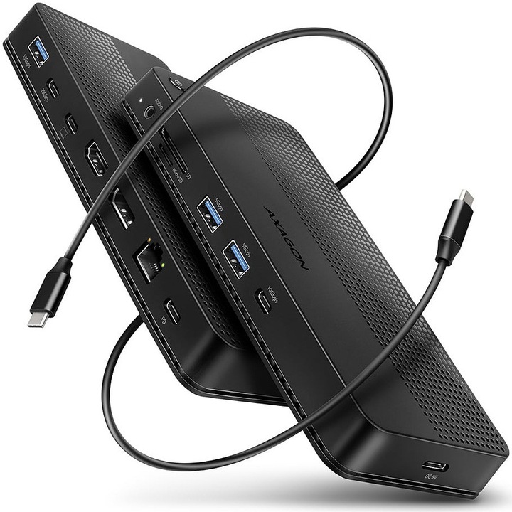Hub Axagon HMC-U4 Dual, 4K , Audio, USB4, USB-A, USB type C, HDMI, DisplayPort, Ethernet, PD, SD/microSD slot, Negru