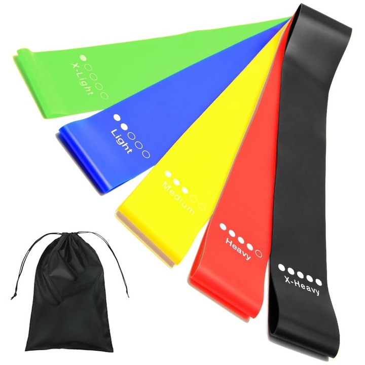 FooFoony 5 PACK Edzés ellenállási szalagok, többszínű edzőszalagok, különböző szintű edzőszalag, használati útmutatóval és hordtáskával, erőnléti edzés fenékre és lábakra, Pilates és Jóga gyakorlatokhoz
