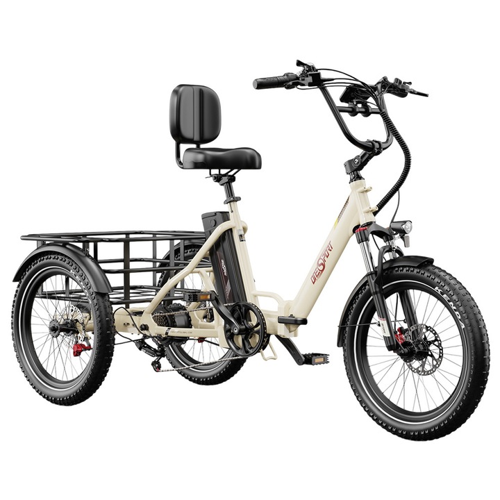 Tricicleta Electrica Cargo ONESPORT OT30 Pro, Motor 500W, Baterie 48V 18Ah, Autonomie pana la 90 km, Shimano 7 Viteze, Frane Hidraulice, Capacitate 180 kg, Bej