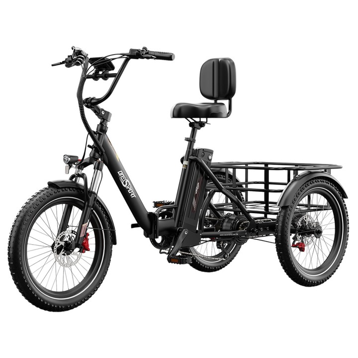 Tricicleta Electrica ONESPORT OT30 Pro Cargo, Motor 500W, Baterie 48V 18Ah, Autonomie pana la 90 km, Viteza Max. 25 km/h, Anvelope 20 x 3.0 Inch, Frane Hidraulice pe Disc, Shimano 7 Viteze, Negru