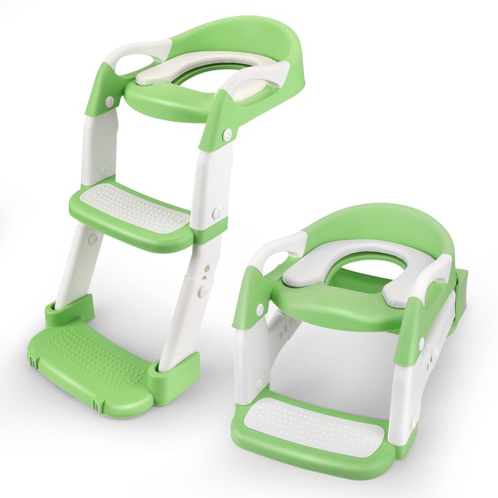 Scaun toaleta copii, Reductor WC cu scara, 3‑in‑1, Aparator anti-stropi, Sezut din silicon, 25–36 luni, Unisex, Verde