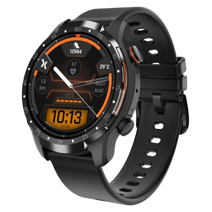 Smartwatch Maxcom FW01 Uran eSIM, 1.39" AMOLED kijelző, GPS, Lépésszámláló, Alvásfigyelés, Oxigén, Vérnyomás, Értesítések, IP68 Fekete