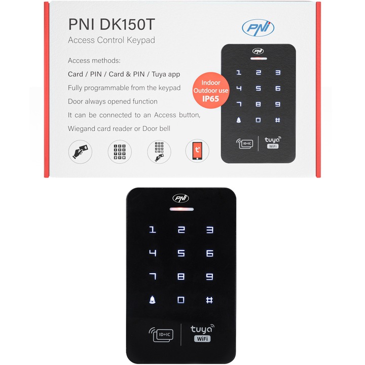 PNI DK150T beléptető billentyűzet Wi-Fi-vel, PIN-kóddal, RFID-kártyával és a Tuya Smart alkalmazásból feloldva, IP65, Fekete