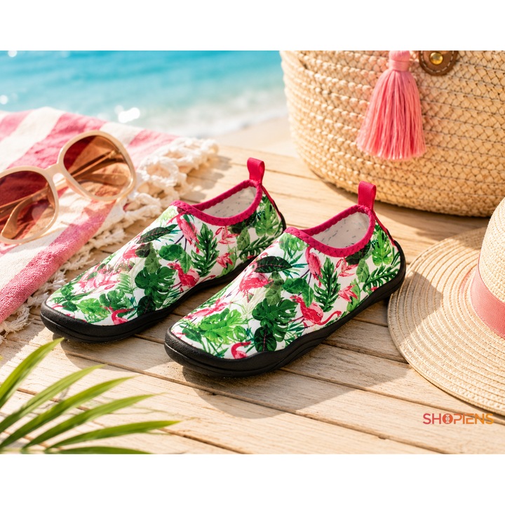 Papuci De Apa Femei Aqua Shoes Verde Fucsia Cu Frunze Tropicale Talpa TPR Antiderapanta Pentru Plaja Mare Piscina Marimea 36-37 Shopiens®