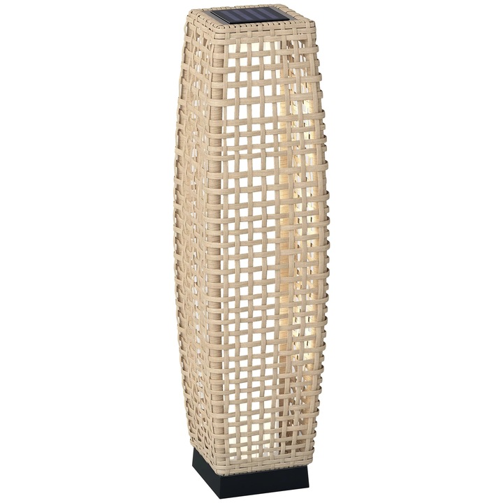 Lampa de gradina solara, lanterna LED din ratan sintetic, cadru metalic, dimensiuni 21×21×78 cm, asamblare necesara, khaki inchis
