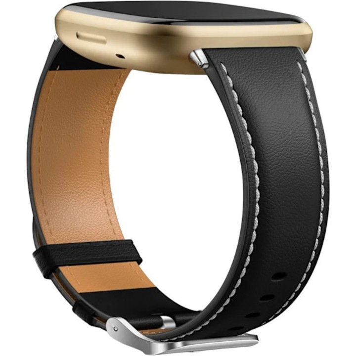 Curea ceas din piele naturala compatibila cu Fitbit Versa 3/Sense 2, bratara de inlocuire eleganta, reglabila cu catarama metalica, Negru