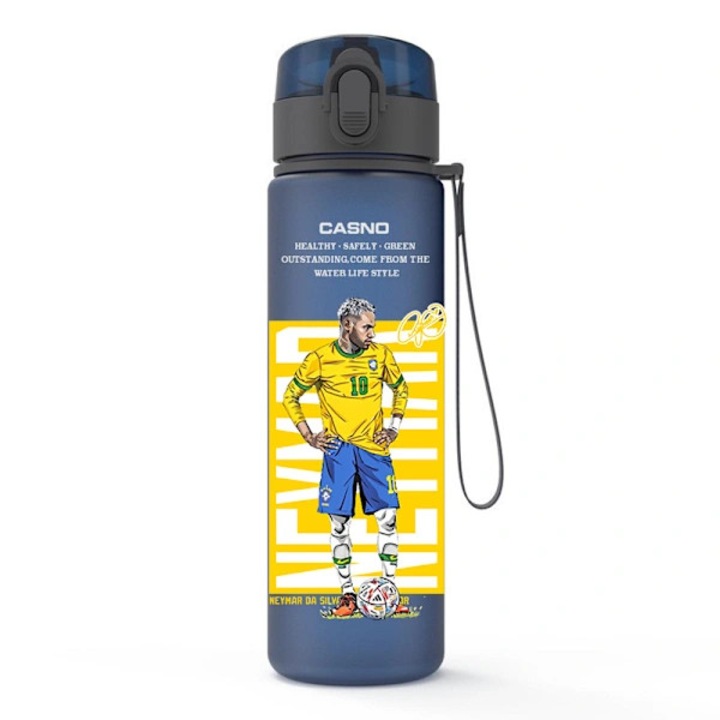 Bidon sport, sticla de apa Neymar, portabil, cu imprimeu fotbal, capac cu inchidere flip si curea de mana, albastru/galben