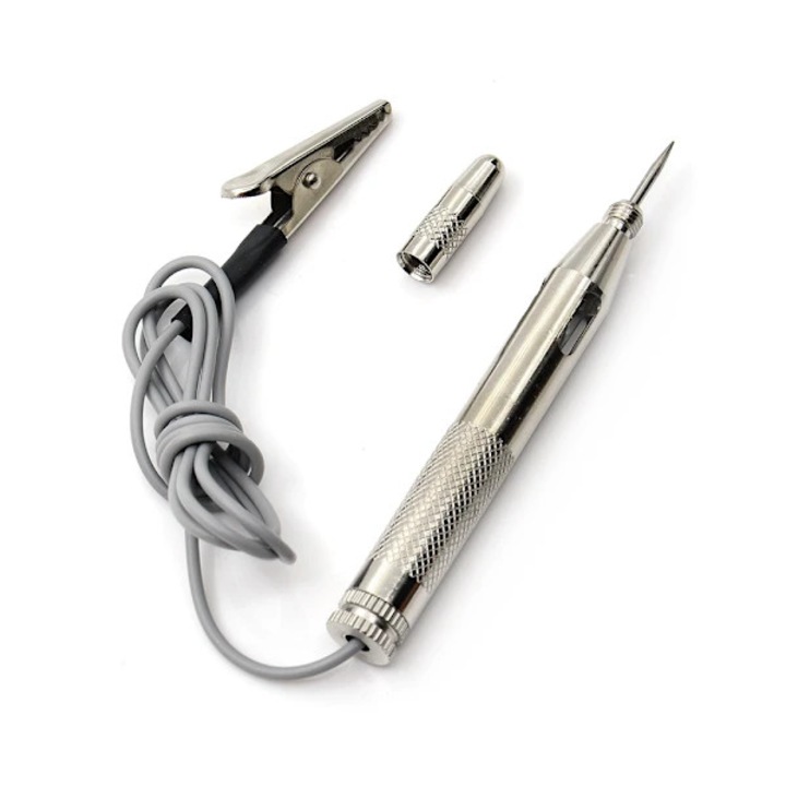 Tester circuit auto, detector tensiune DC 6V/12V/24V, corp din cupru, tub luminos cu durata lunga, cablu flexibil 62cm cu clema, argintiu/gri, 1 buc