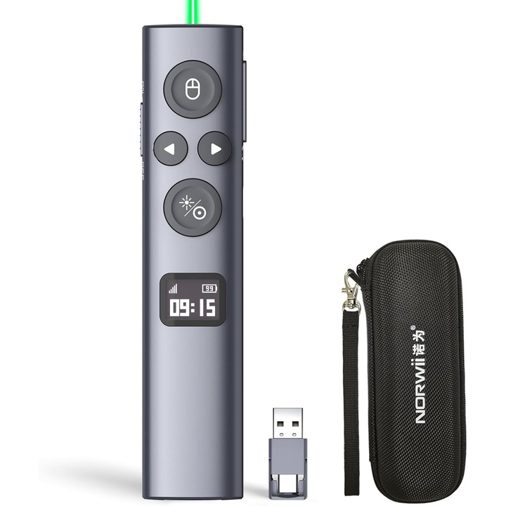 Norwii N95s BLE professzionális vezeték nélküli lézeres prezentációs távirányító, digitális és integrált lézermutatóval, kiemelés és nagyítás LED/LCD képernyőkön és videoprojektoron, Air Mouse, időzítő rezgéssel, OLED kijelző, Bluetooth + USB-A/USB-C