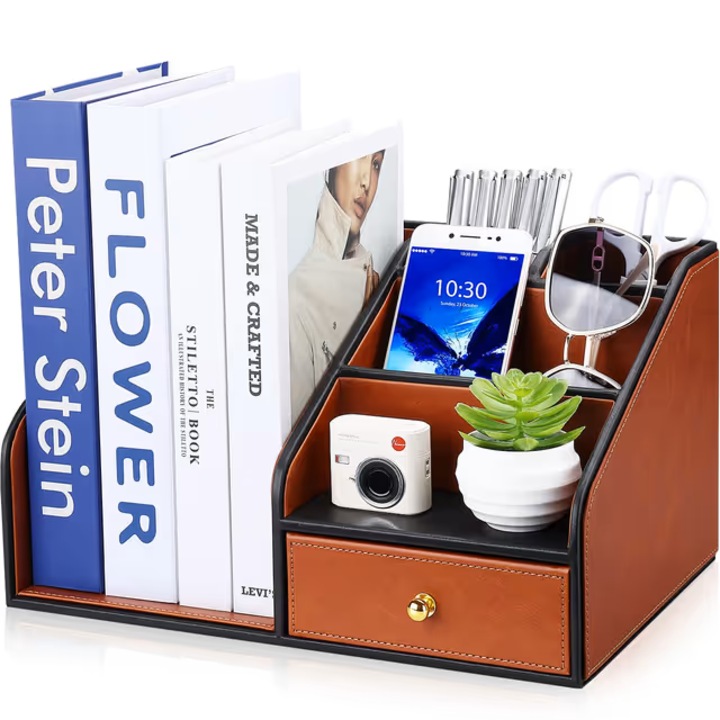 Organizator de birou din piele, 5 compartimente + sertar, design modern, culoare maro