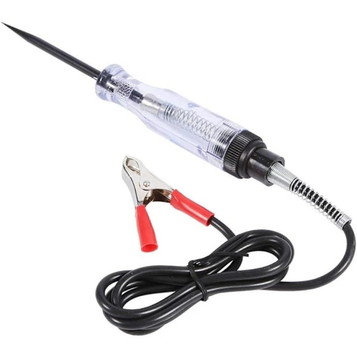 Tester de circuite auto, 6V-24V, lampa test 3W inlocuibila, varf cromat din otel, maner din plastic AS, cablu 96cm, transparent/negru
