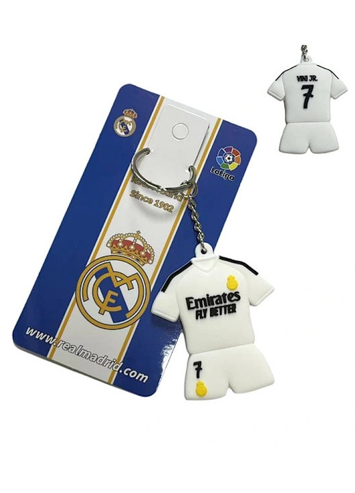 Szilikon kulcstartó/kulcstartó, 2 darabos szett, Real Madrid #7 Vinicius mez modell, strapabíró fémgyűrűvel, fehér, 6.5 x 5.2 cm