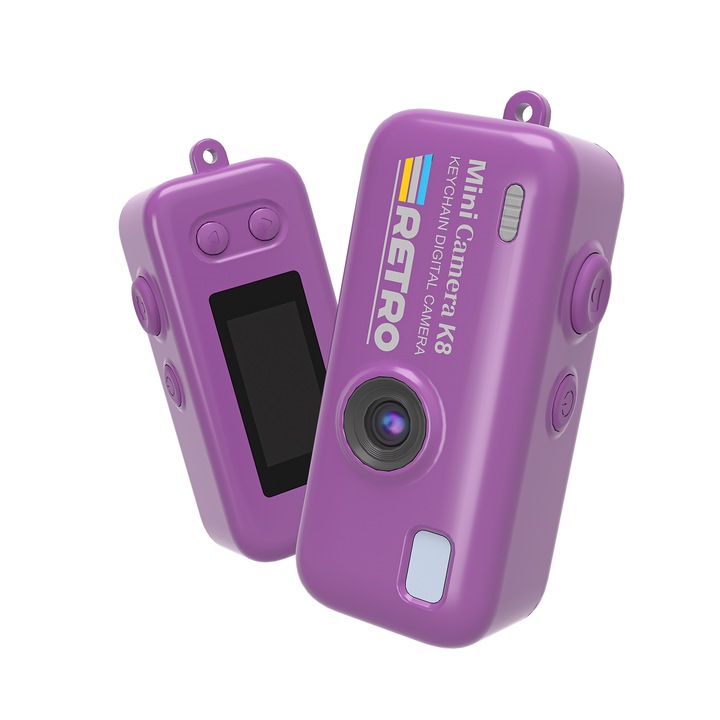 Kompakt kamera, Bytelike, 0,96 hüvelykes IPS kijelző, 100.000 pixel, 200 mAh akkumulátor, különböző szűrők, hangfelvétel, kulcstartó design, lila