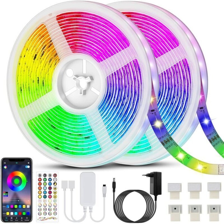 Banda LED/strip flexibila 5050 RGB, 16 milioane culori, telecomanda 40 taste si mod muzical cu microfon, control IR si prin aplicatie, Multicolor, 2 x 10 m (20 m)