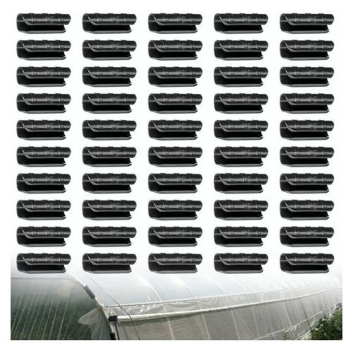 Cleme pentru sere, cleme de prindere pentru folie si plasa, din abs, rezistente la coroziune si la temperaturi extreme, pentru tevi 19–20 mm, negru, 50 bucati