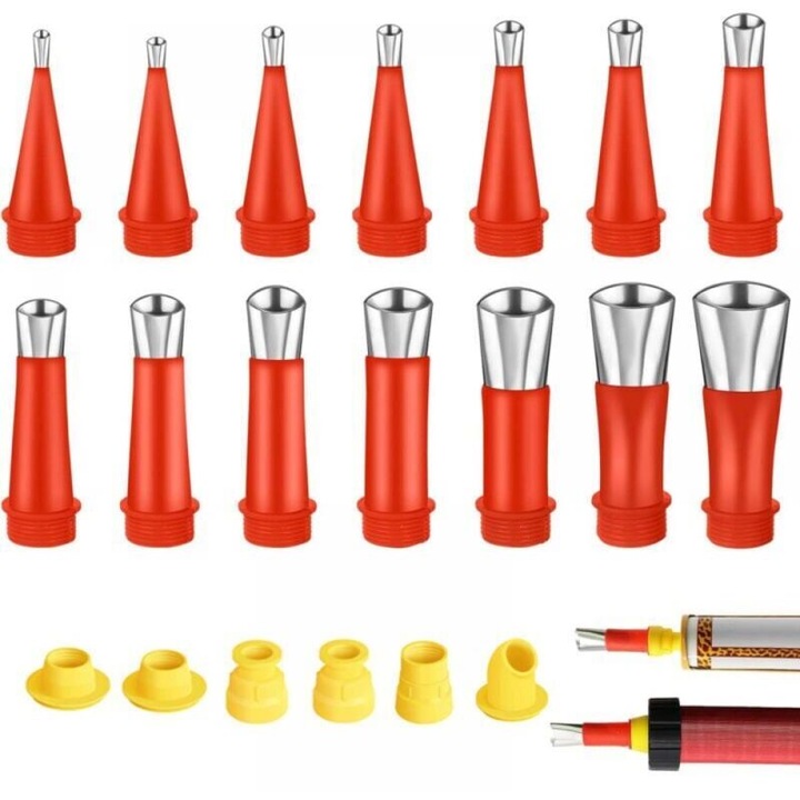 Set 20 bucati duze aplicator pentru pistol de cartus, inox si silicon, universal, reutilizabil, marimi 5/6/7/9/10/12/14/16/18/20/22/25/28/30 mm, Multicolor
