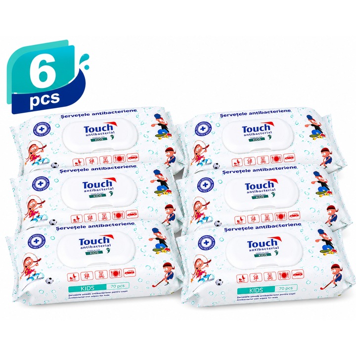 Pachet x 6 Servetele Umede Antibacteriene Touch Kids, 70 buc