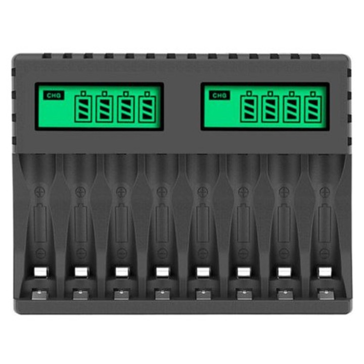 Incarcator baterii reincarcabil LCD006, 8 sloturi, incarcare rapida cu comutare automata la intretinere, compatibil AA/AAA Ni-MH/Ni-Cd, port USB/Micro/Type-C, Negru, 1 buc