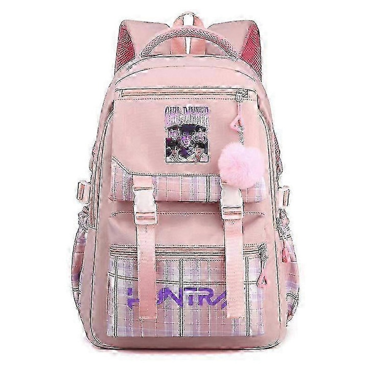 Nylon iskolai hátizsák, KPop Demon Hunters mintával, poliészter bélés, uniszex, Demon Hunters modell, Rózsaszín, 15 hüvelyk
