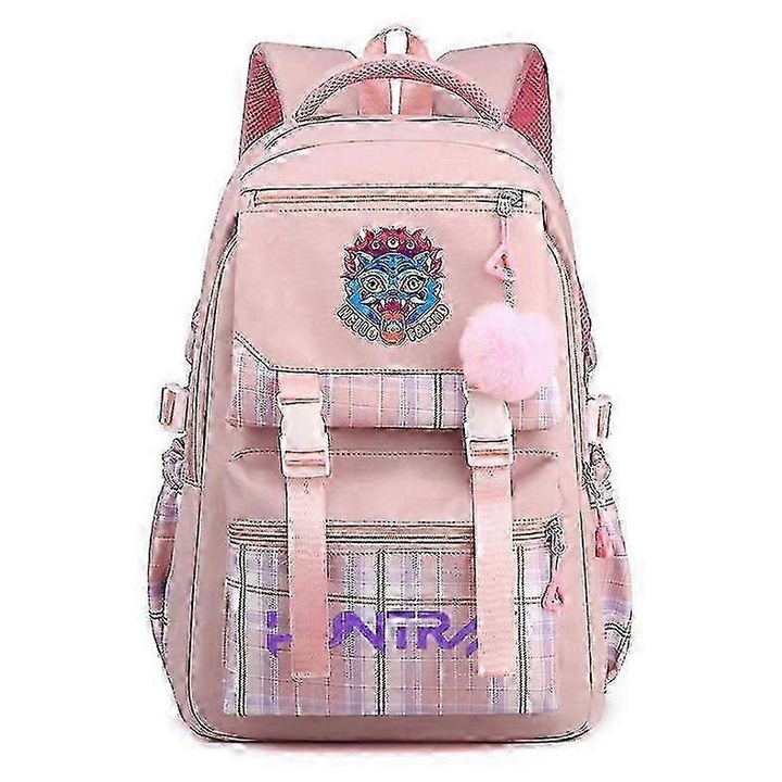 KPop Demon Hunters nylon iskolai hátizsák/táska pomponnal, 15 hüvelykes laptop rekesszel, cipzárral és több zsebbel, rózsaszín, egy méret