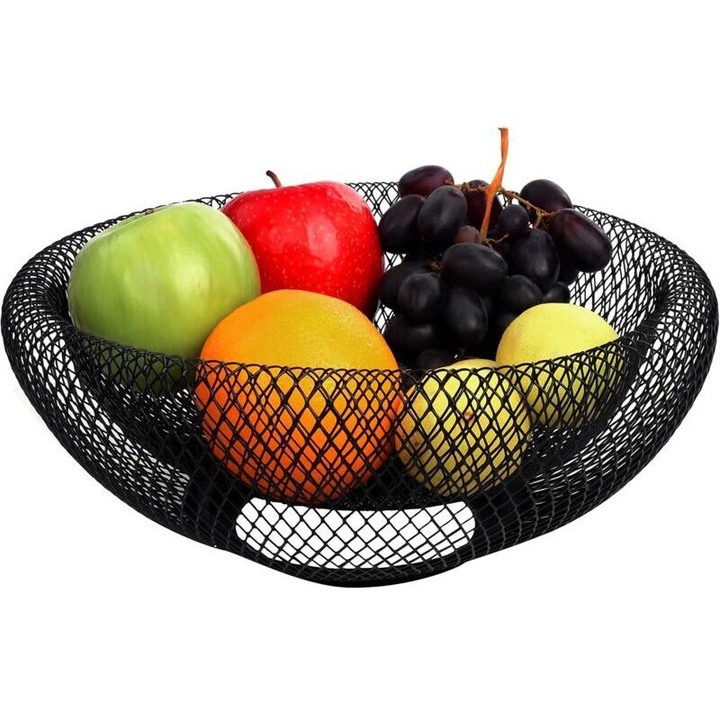 Cos pentru fructe, fructiera metalica, rezistent la coroziune si cu finisaj vopsit in pulbere, negru, 24 x 10 cm, 1 buc