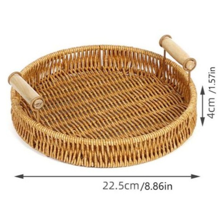 Tava servire, cos plat din rattan sintetic (PP), 100% lucrat manual, rezistent si usor de curatat, rotund 22.5 cm, natural, 1 buc.