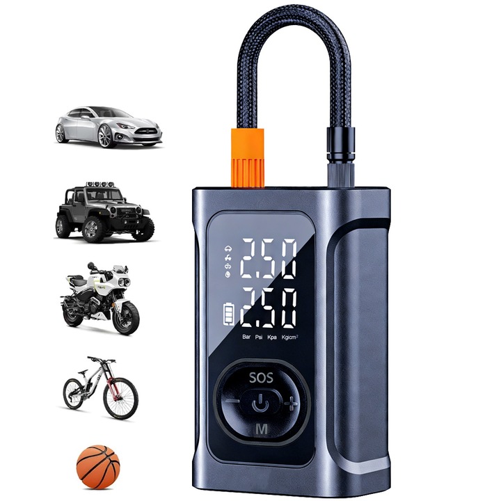 Pompa de Aer Pentru Anvelope Auto, 150 PSI, 100W, Fara Fir, Afisaj LED, cu Lumina LED, Inflatie Rapida, Umflator de Anvelope