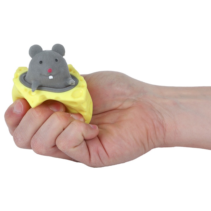 Играчка антистрес Squishy Squeeze Cheese Pop-Up Mouse, Капан с мишка, която излиза от кашкавал, 5 см, Сив