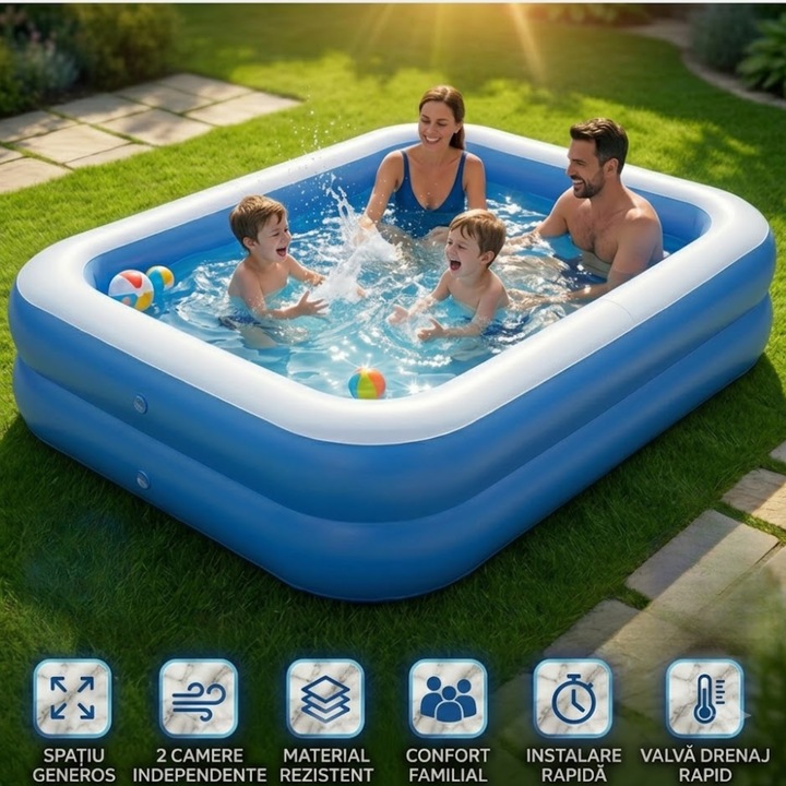 Piscina Gonflabila Family Premium Infiniteea™️, Dimensiuni 210 x 150 cm, Structura Rezistenta cu 2 Camere de Aer Independente, Material PVC Durabil Anti-Intepaturi, Supapa de Scurgere Rapida, Ideala pentru Curte, Gradina si Terasa, Albastru/Alb