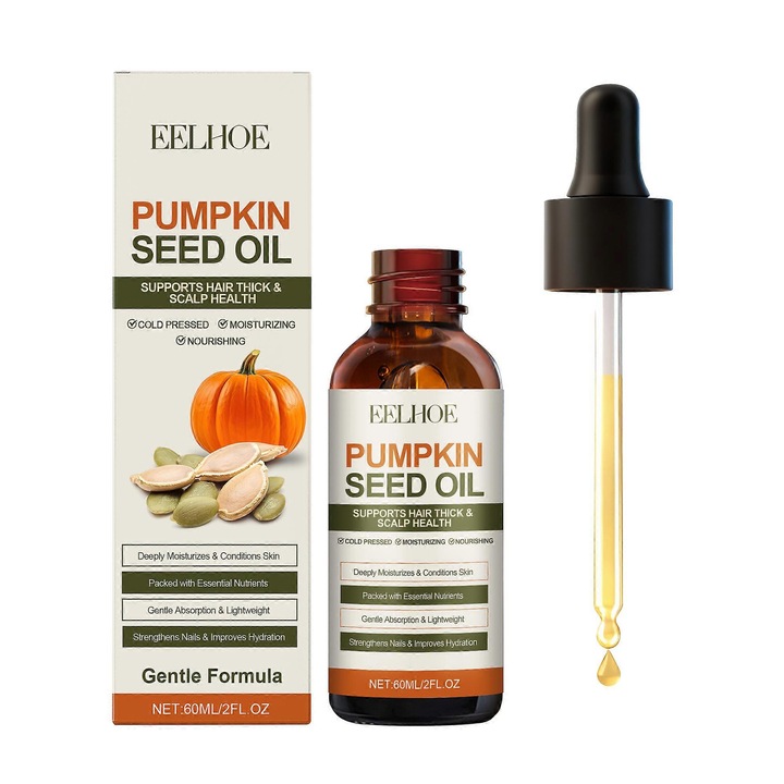 Set 2 bucati, Ulei de seminte de dovleac EELHOE, presat la rece, hidratant si hranitor, Auriu, 2 x 60ml