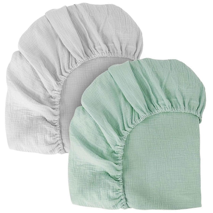 Set 2 bucati, Cearsaf cu elastic pentru patut, husa de saltea din bumbac moale si respirabil, fixare elastica antialunecare, Gri deschis/Verde deschis, 71x135cm