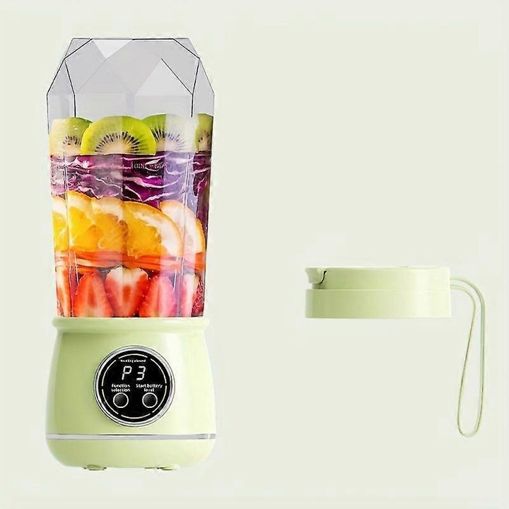 Hordozható kézi turmixgép, USB-ről tölthető, LED kijelzővel és Li-Ion akkumulátorral, átlátszó pohár smoothie-hoz és jégzúzáshoz, Világoszöld, 1 db.
