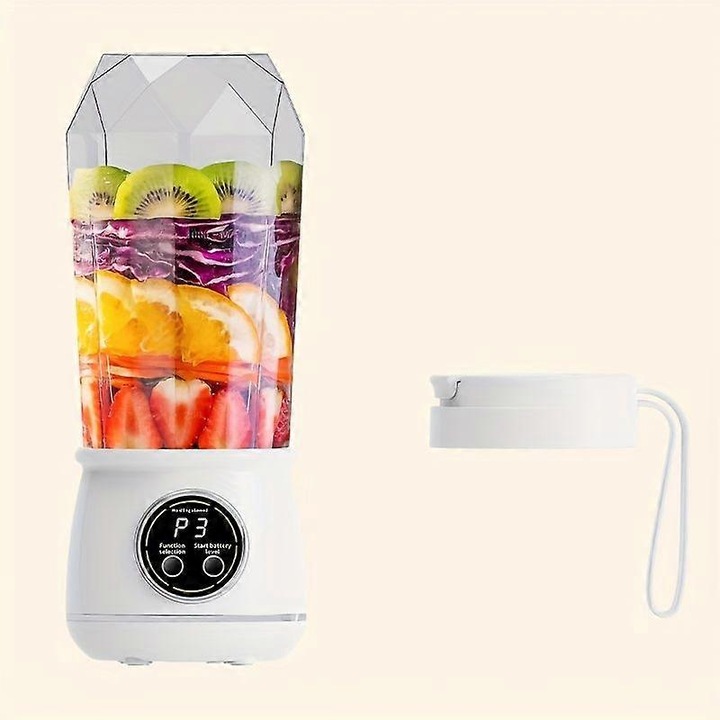 Hordozható turmixgép/gyümölcscentrifuga White-A, LED kijelzővel, USB-ről tölthető, Li-ion akkumulátor, jégzúzó funkció, átlátszó pohár, fehér, 1 db