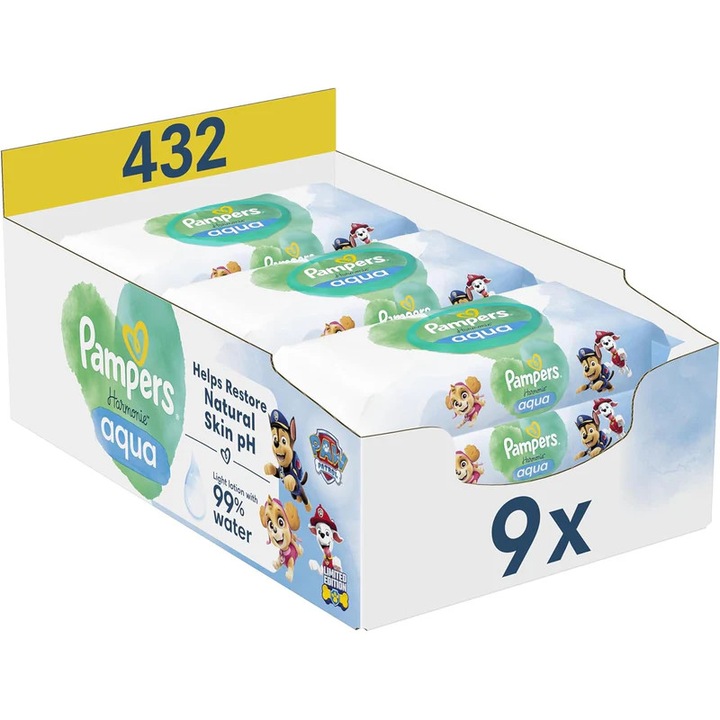 Servetele Umede Pampers Harmonie Aqua Paw Patrol, 9 pachete x 48 buc, 432 unitati, pH natural, 99% apa, fara alcool, 0% plastic