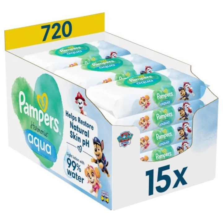 Servetelele umede Pampers Harmonie Aqua Patrula Catelusilor, 720 buc, 0% plastic, 99% apa