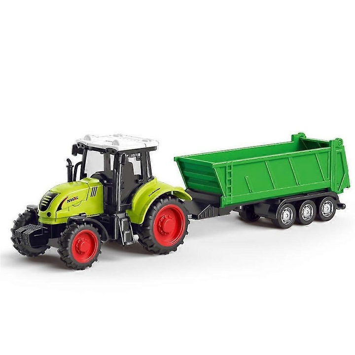 Játék traktor valósághű pótkocsival, 24x6.5x6 cm, többszínű