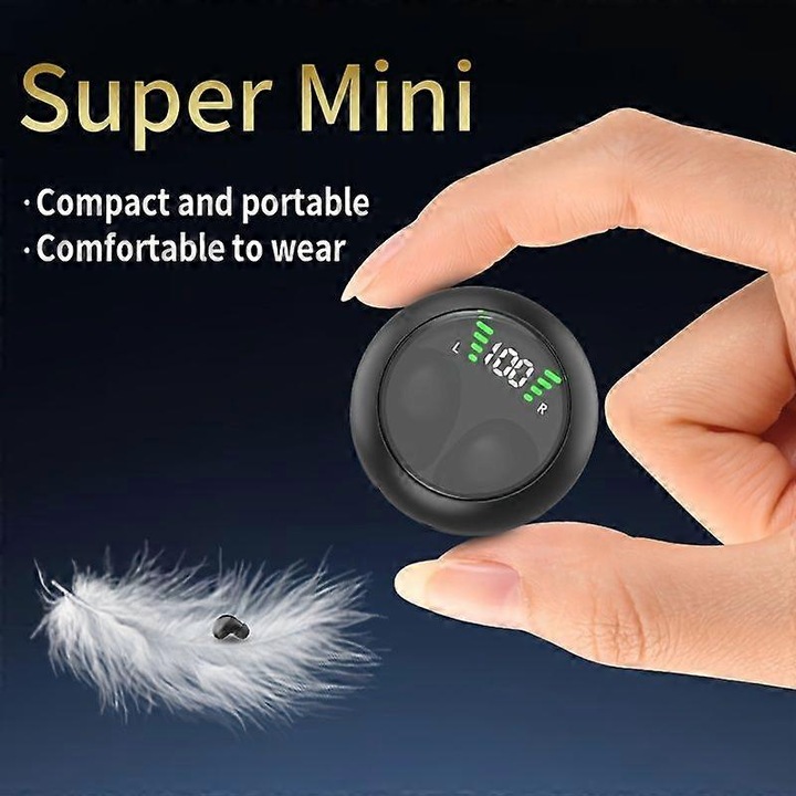Vezeték nélküli in-ear fülhallgató, Super Mini, fekete, kompakt, LED akkumulátor kijelzővel