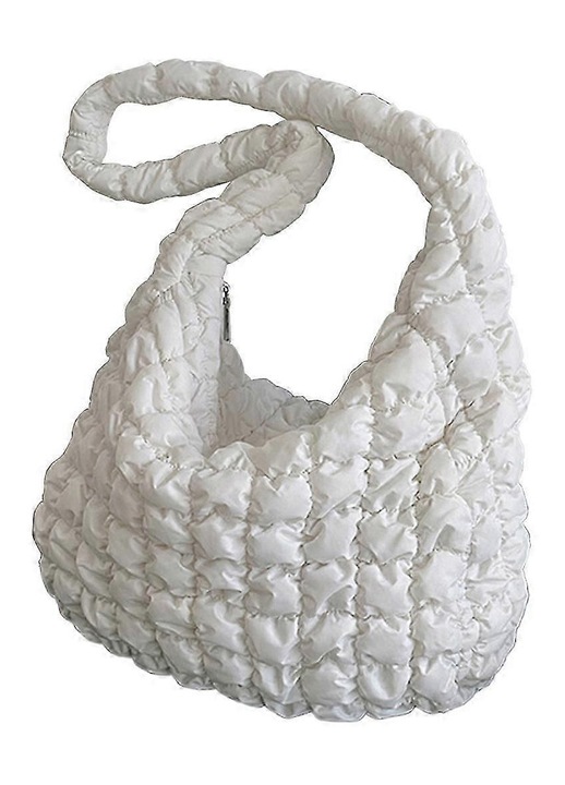 Nylon steppelt puffer táska/válltáska, könnyű, széles, nem állítható pánttal és cipzáras záródással, fehér, 45 x 31 x 11 cm