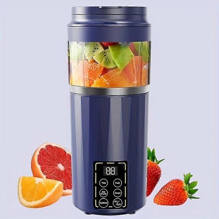 Hordozható turmixgép / hordozható gyümölcscentrifuga, LED kijelző, USB töltés, Li-Ion akkumulátor, jégzúzó és smoothie készítő funkció, átlátszó pohár, Lila