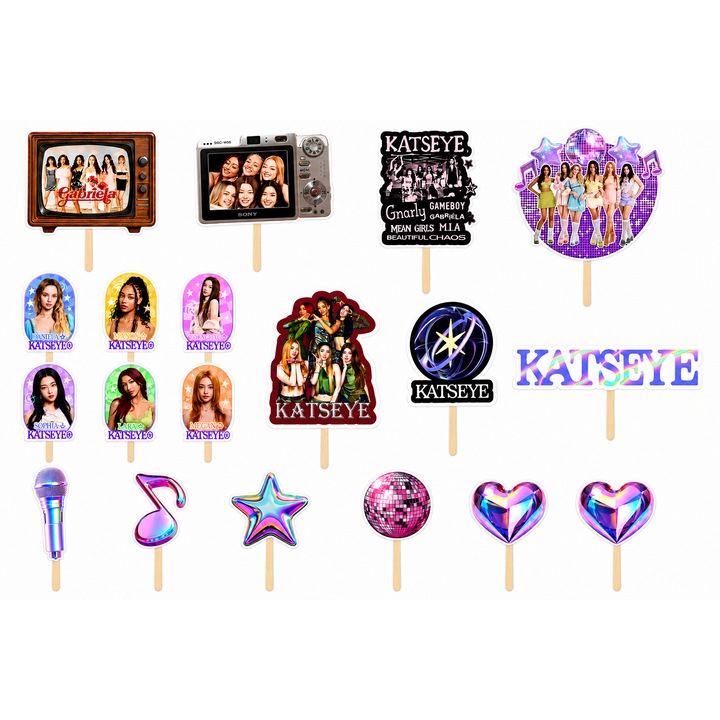 Set toppere tort Katseye / Gnarli, DecoParty, 19 figurine, carton, suporti din lemn inclusi