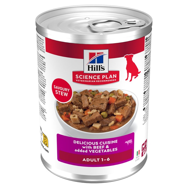 Hrana umedă câini Hill's, tocanită cu carne de vită și legume, 363g, adult, toate taliile