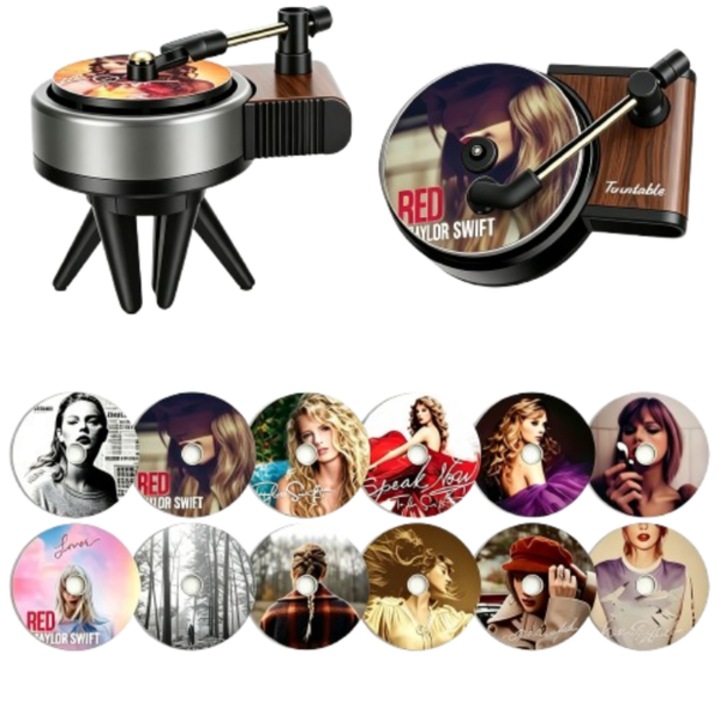13 darabos szett, Autóillatosító / Retro gramofon stílusú autóparfüm diffúzor, szellőzőcsipesz, forgatható 12 cserélhető illatos koronggal, Többszínű
