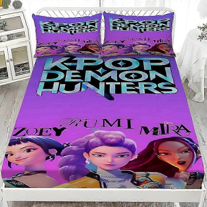Спално бельо Demon Hunters, комплект, аниме принт, полиестер-памук, 100x190cm-198x203cm