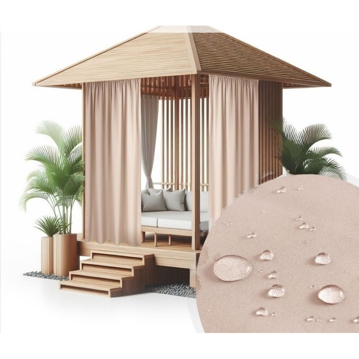 Draperie exterior Perdea Terasa Rezistenta la apa si Soare, cu Protectie UV, Material Textil Durabil, Model Dubrovnik, Dimensiuni 150x250 cm, Culoare Ecru, Ideala pentru Foisor, Balcon sau Gradina, Sistem de Prindere cu Tunel pentru Tija